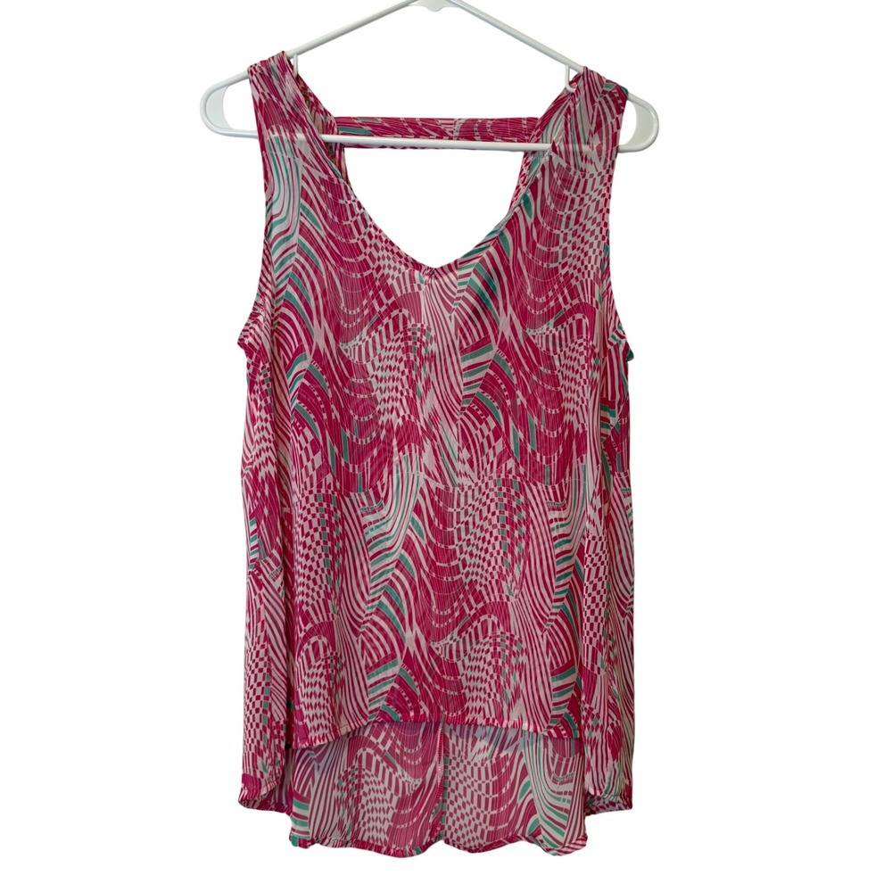 Caramela Pink Abstract Print V Neck High Low Sheer Tank Top Women's‎ Medium